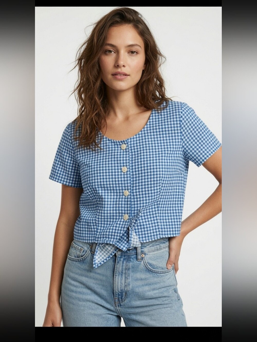 Vintage Bonjour Blue Gingham Lightweight Crop Top Small Festival Bohemian Picnic